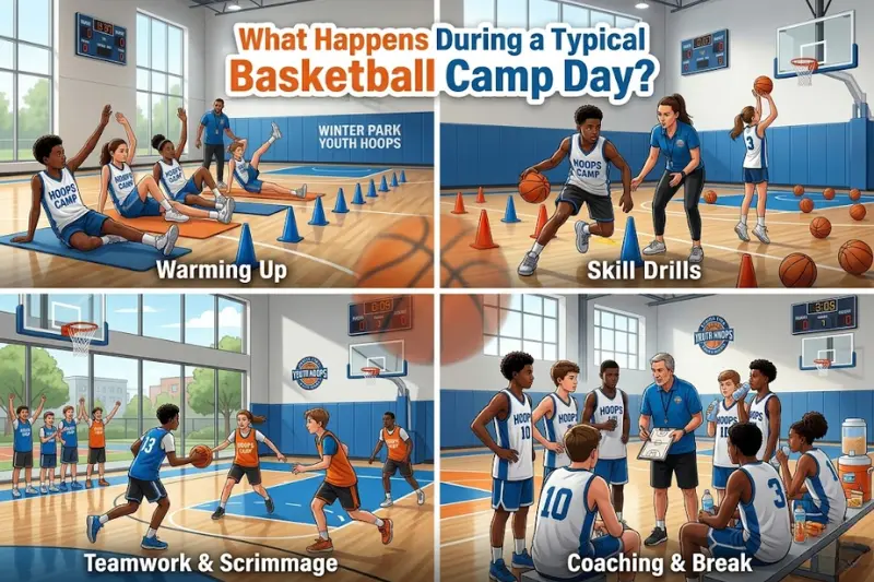 what happens during a typical basketball camp day