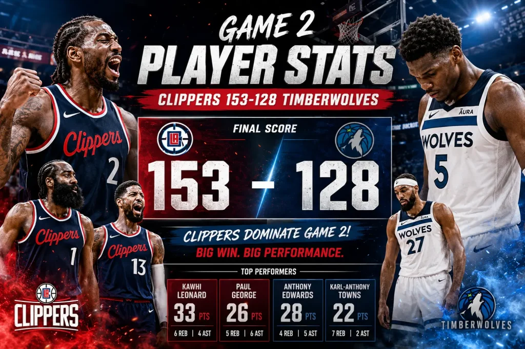 game 2 player stats clippers 153 128 timberwolves
